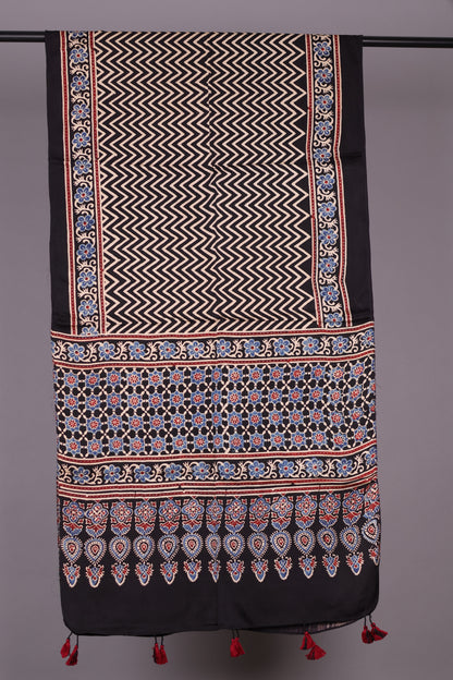 Black Ajrakh Hand Block Printed Modal Silk Stole | Looms & Tassels
