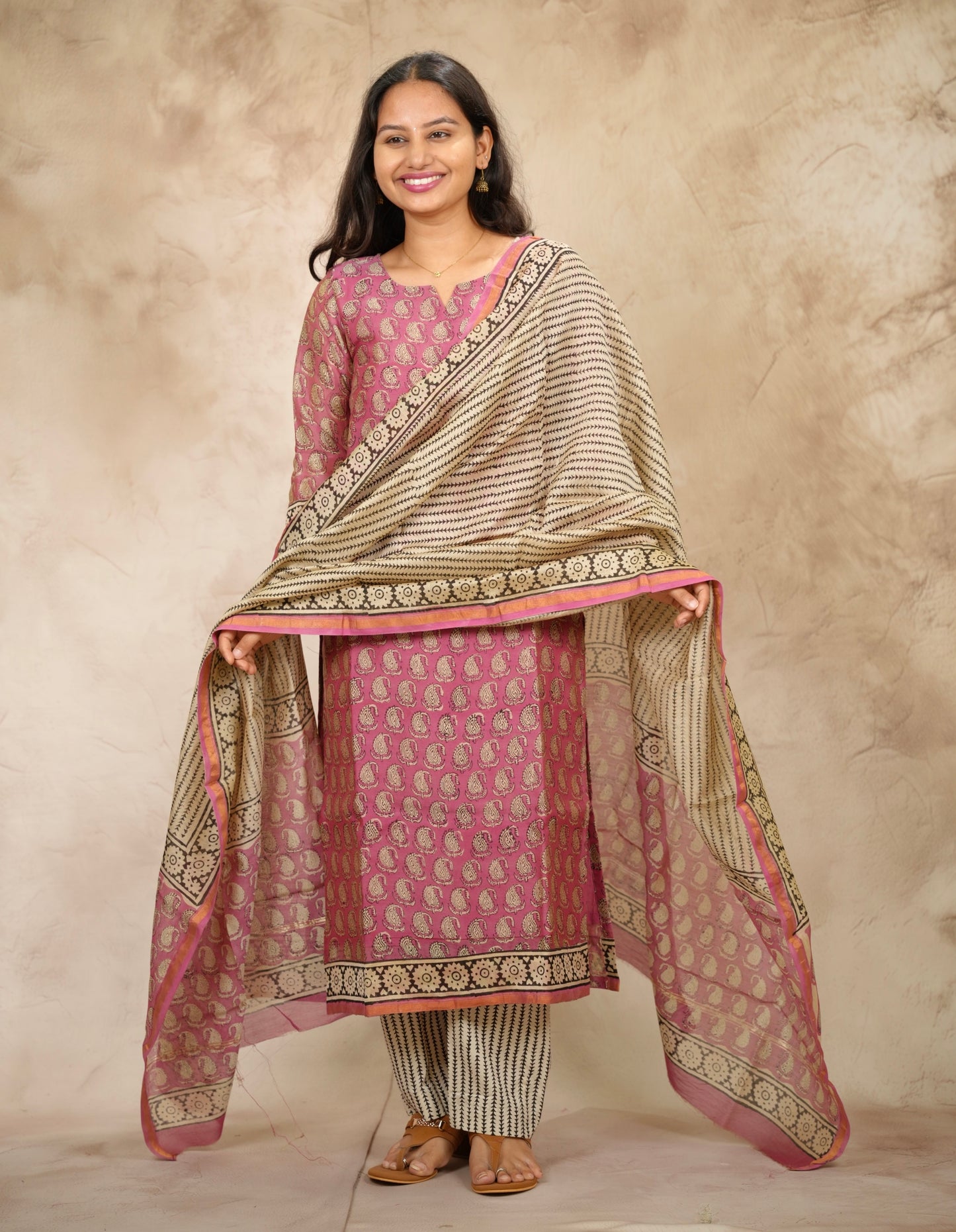 Pink Handblock printed Pure Chenderi Silk 3 piece suit (stitched) | Looms & Tassels