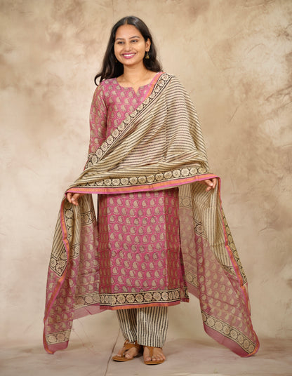 Pink Handblock printed Pure Chenderi Silk 3 piece suit (stitched) | Looms & Tassels