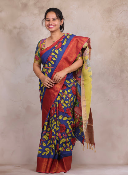 Hand Drawn Pen Kalamkari Blue And Red Bangalore Silk Kanchi Border Saree | Looms & Tassels