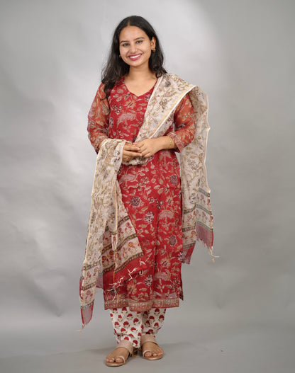 Red Handblock printed kota 3 piece suit (stitched)