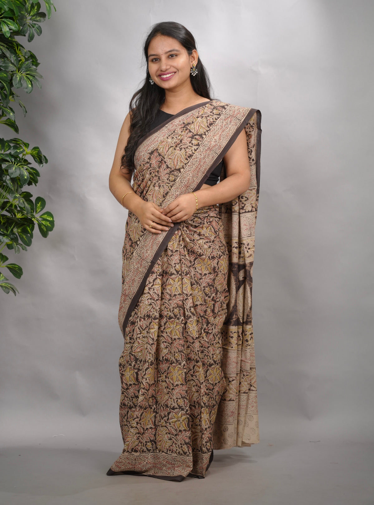 Grey Hand Block Printed Kalamkari Cotton Saree | Looms & Tassels