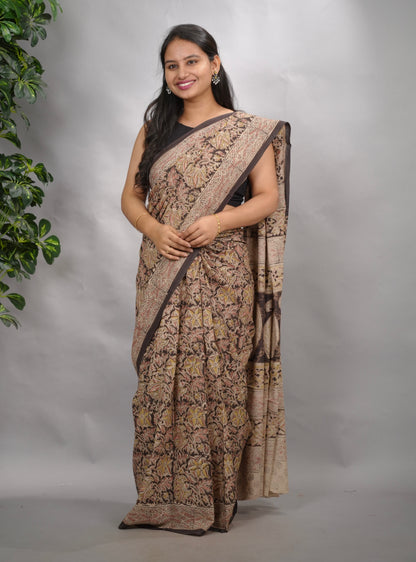 Grey Hand Block Printed Kalamkari Cotton Saree | Looms & Tassels