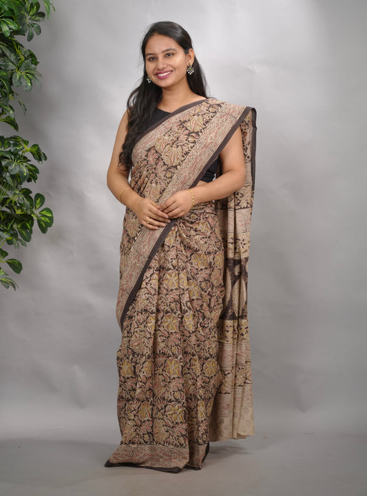 Grey Hand Block Printed Kalamkari Cotton Saree | Looms & Tassels