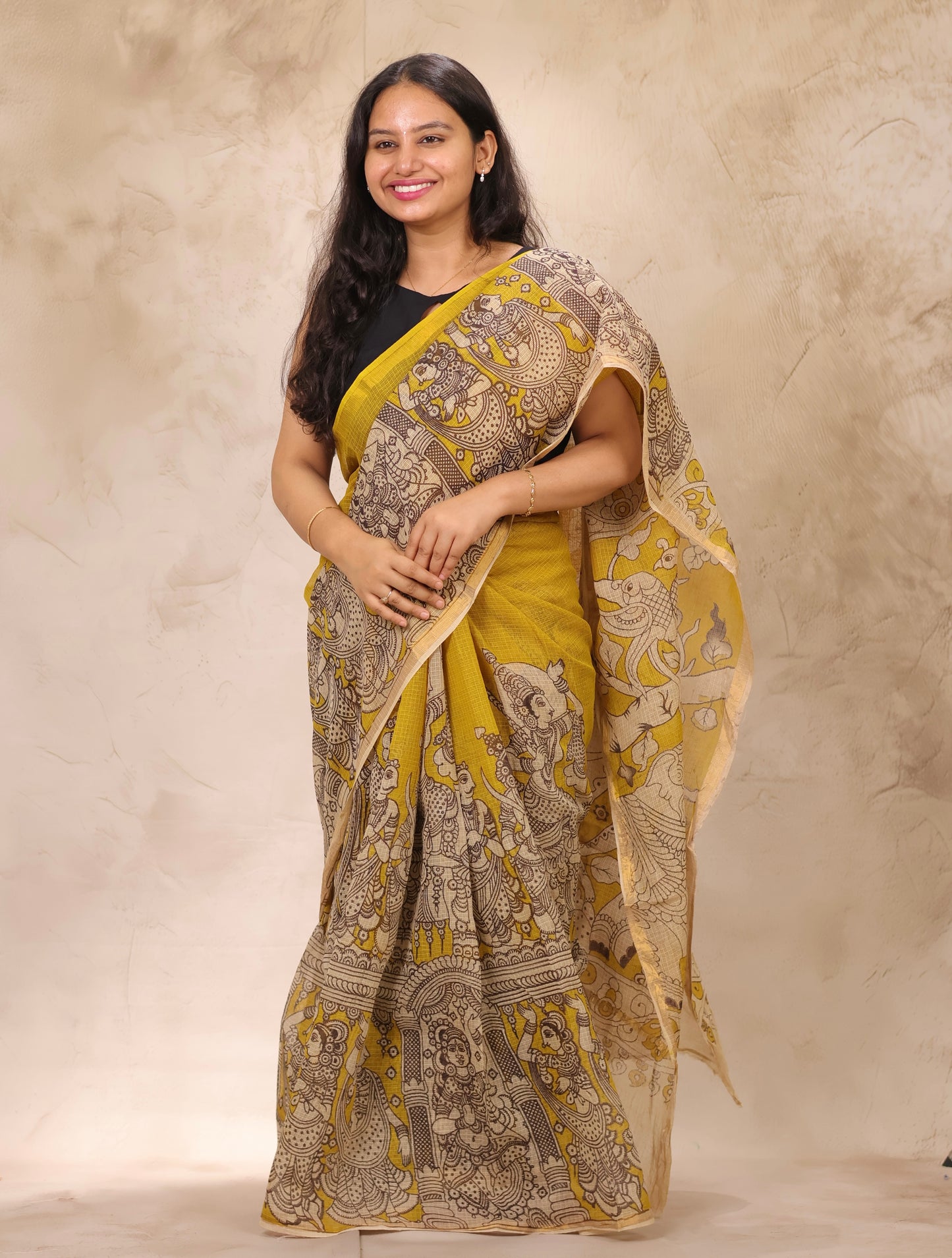 Yellow Kota Doria Saree with Kalamkari Handblock Prints | Looms & Tassels