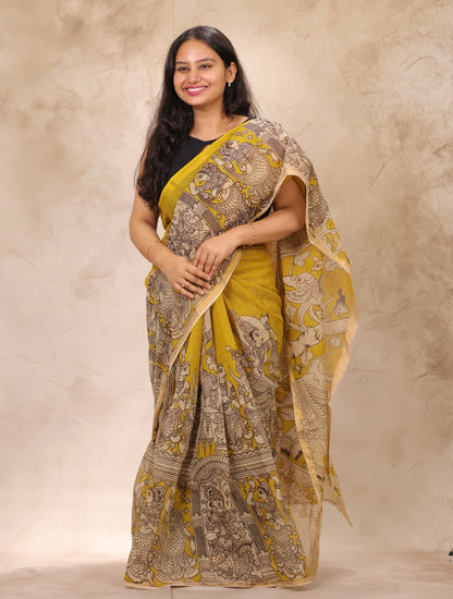 Yellow Kota Doria Saree with Kalamkari Handblock Prints | Looms & Tassels