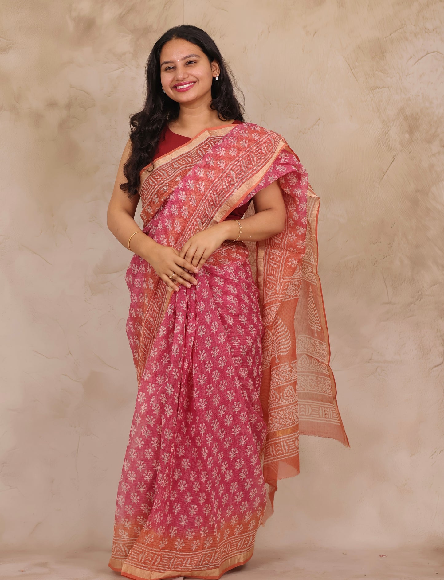 Pink Pure Kota Doria Saree with Bagru Handblock Prints | Looms & Tassels