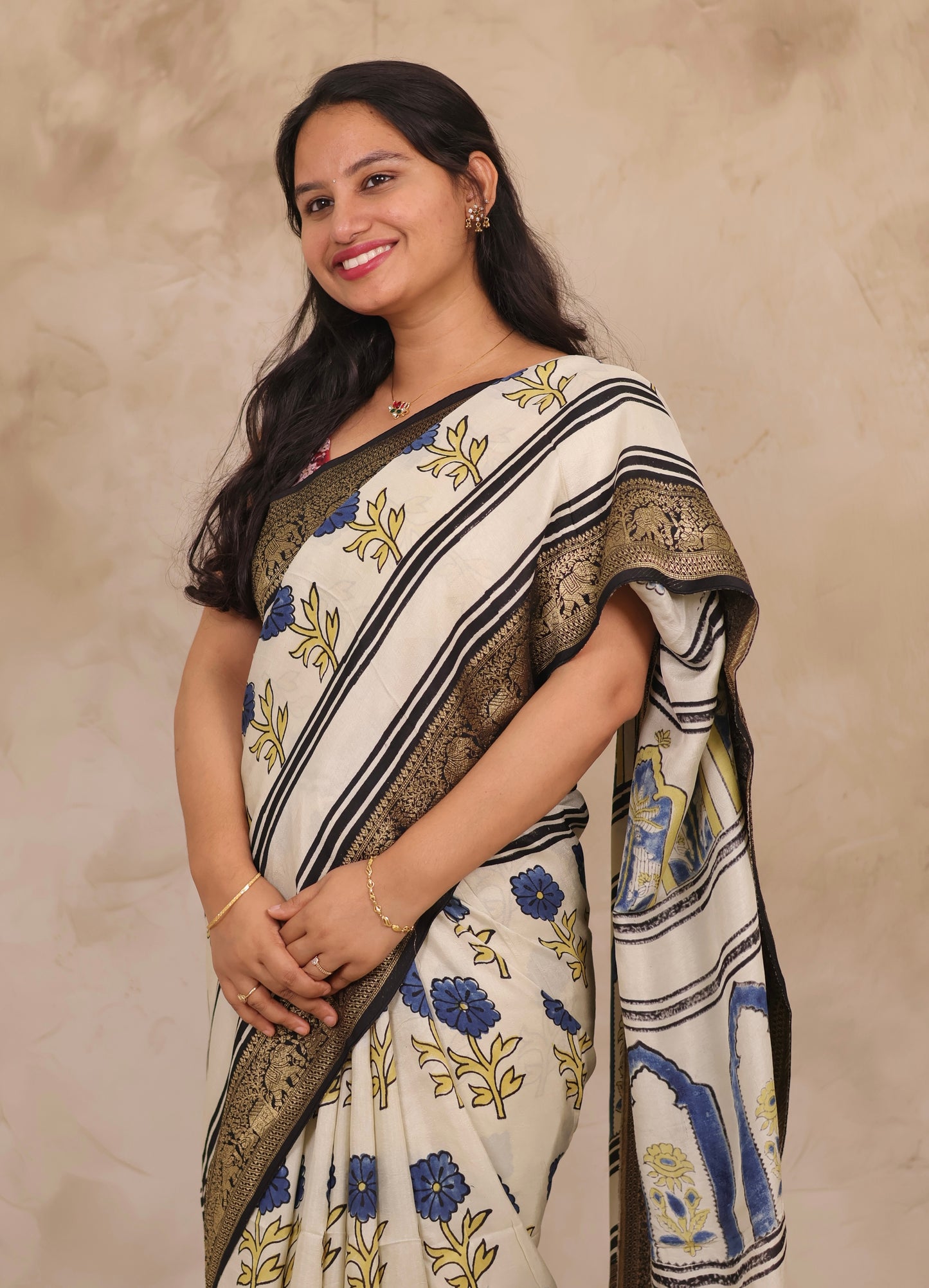 Off White Floral Ajrakh Handblock printed Dola Silk Saree | Looms & Tassels