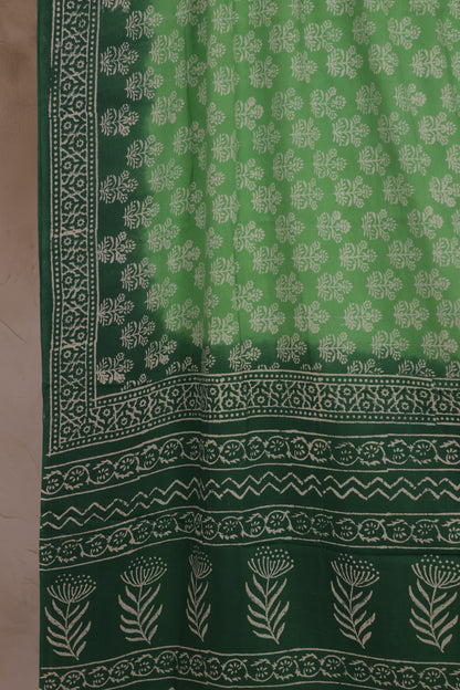 Green Bagru Handblock printed MulMul cotton saree | Looms & Tassels