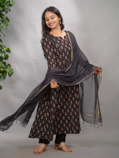 Black Ajrakh Handblock Printed Kali Kurta with Chudi Sleeves
