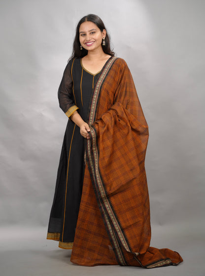 Black Narayanpet Cotton Anarkali Dress with Narayanpet Dupatta | Looms & Tassels