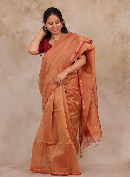 Peach Handloom Maheswari Silk Cotton Sarees | Looms & Tassels
