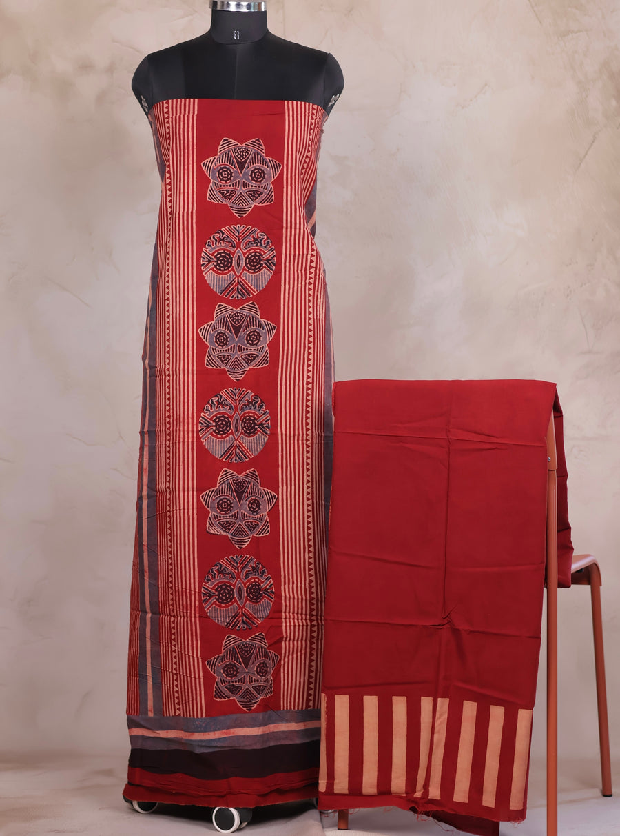 Ajrakh Handblock Printed Pure Cotton 2 Piece Suit Set | Looms & Tassels