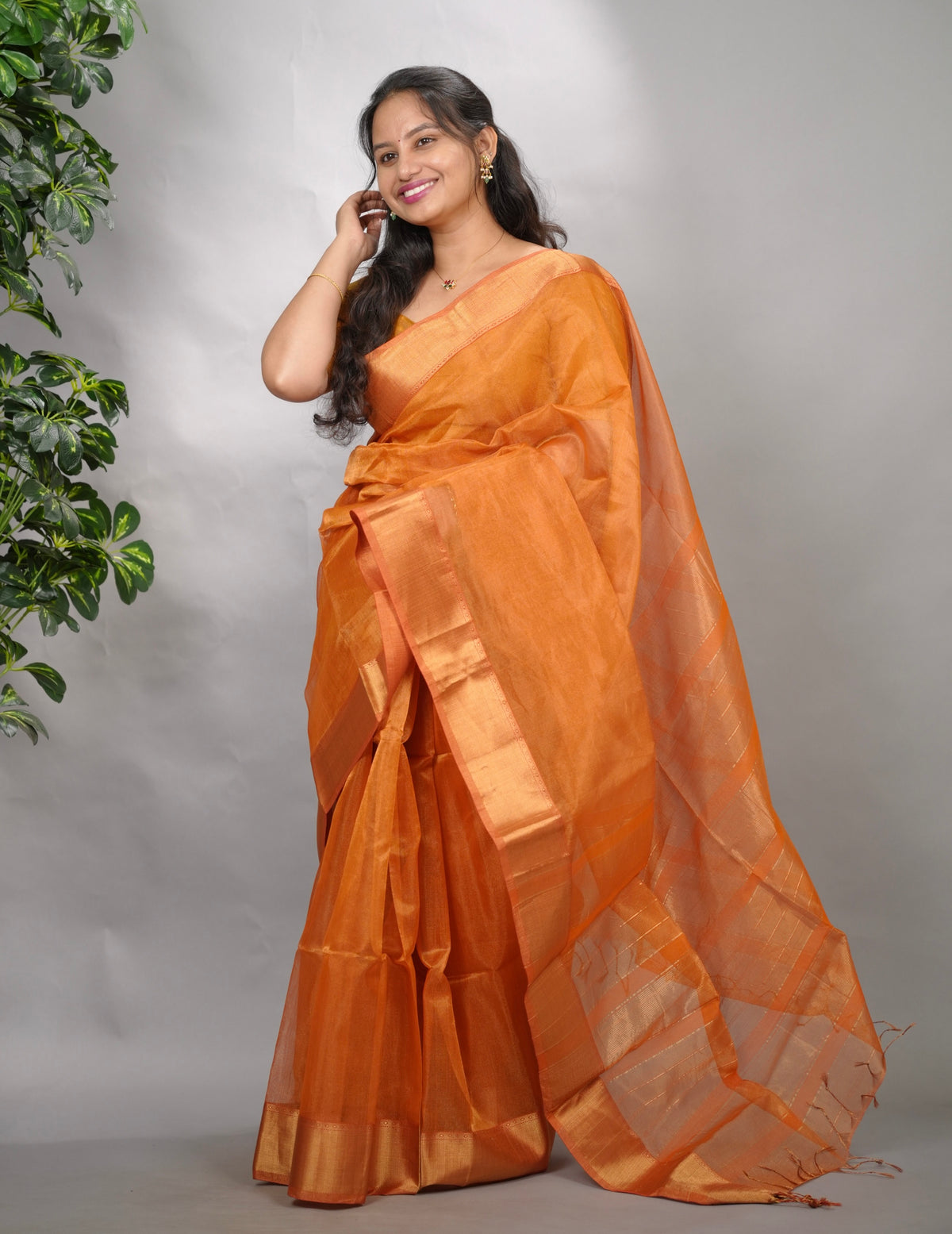 Orange Checks Handloom Maheswari Tissue Silk Cotton Sarees | Looms & Tassels