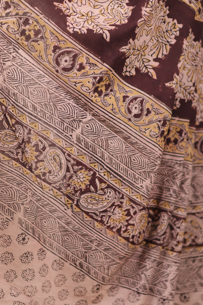 Cream Hand Block Printed Kalamkari Cotton Saree | Looms & Tassels