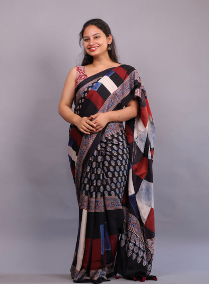 Authentic Ajrakh Handblock Printed Modal Silk Saree | Looms & Tassels