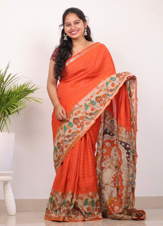 Orange Checks Kalamkari dyeing premium chennur silk saree