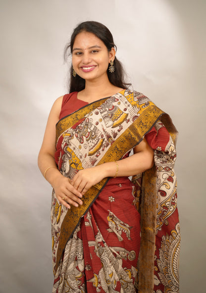 Maroon Kanchi border Kalamkari chennur silk saree | Looms & Tassels