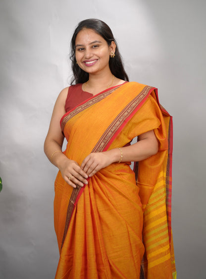 Festive Orange Narayanpet Cotton Saree | Looms & Tassels