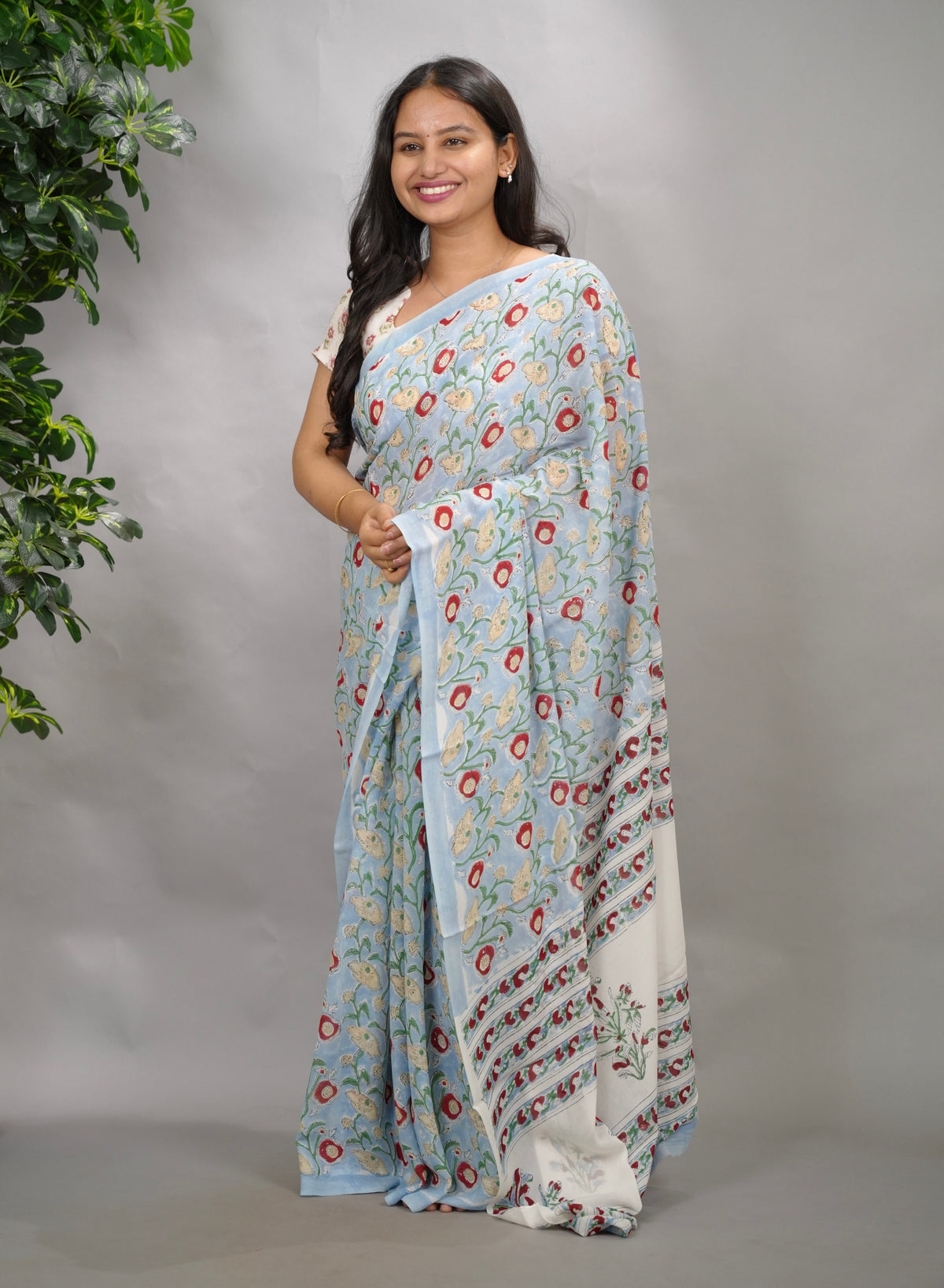 Powder Blue Georgette Hand Block Printed Saree| Looms & Tassels