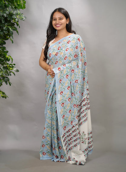 Powder Blue Georgette Hand Block Printed Saree| Looms & Tassels