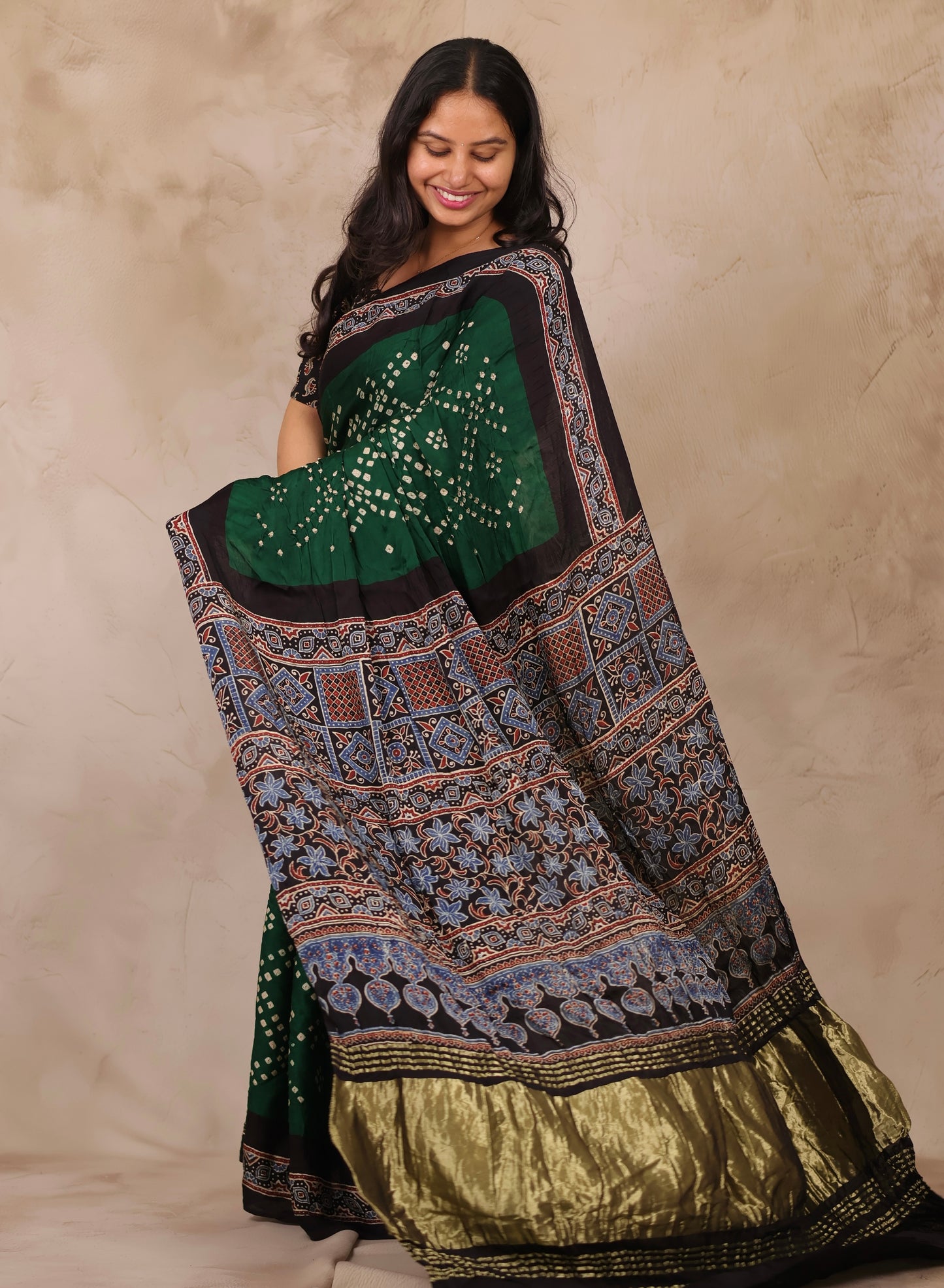 Bottle Green Hand Knotted Bandhej Arakh Modal Silk Saree with Lagdi Pallu | Looms & Tassels