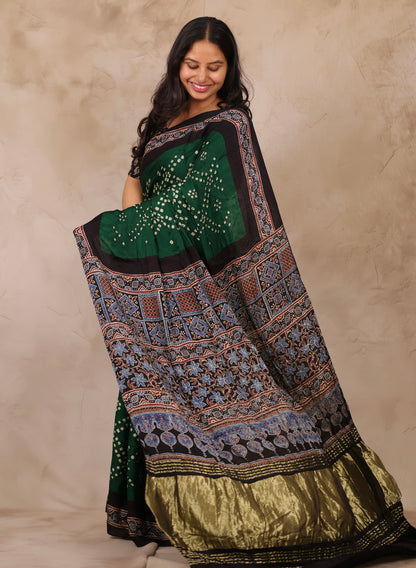 Bottle Green Hand Knotted Bandhej Arakh Modal Silk Saree with Lagdi Pallu | Looms & Tassels