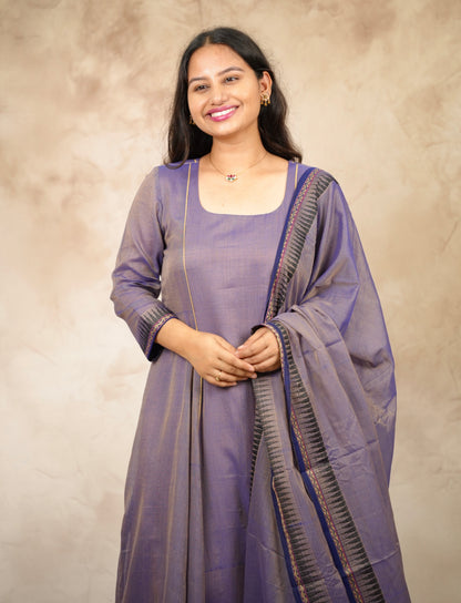 Lavender Narayanpet Cotton Anarkali Dress with Narayanpet Dupatta | Looms & Tassels