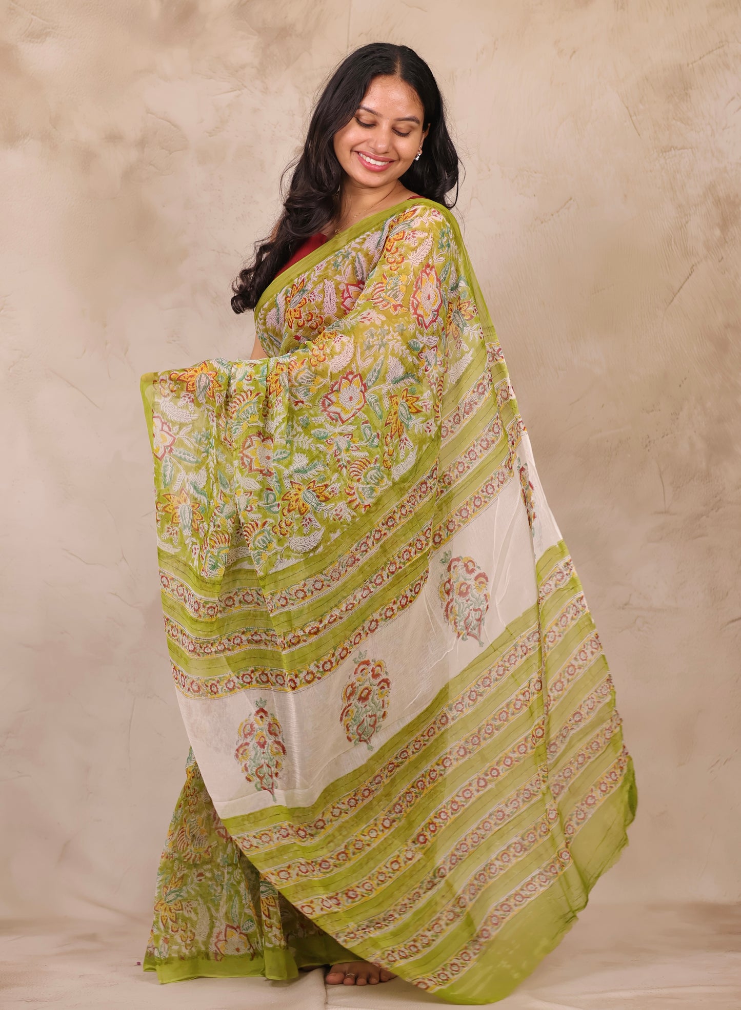 Green Chiffon Hand Block Printed Saree | Looms & Tassels