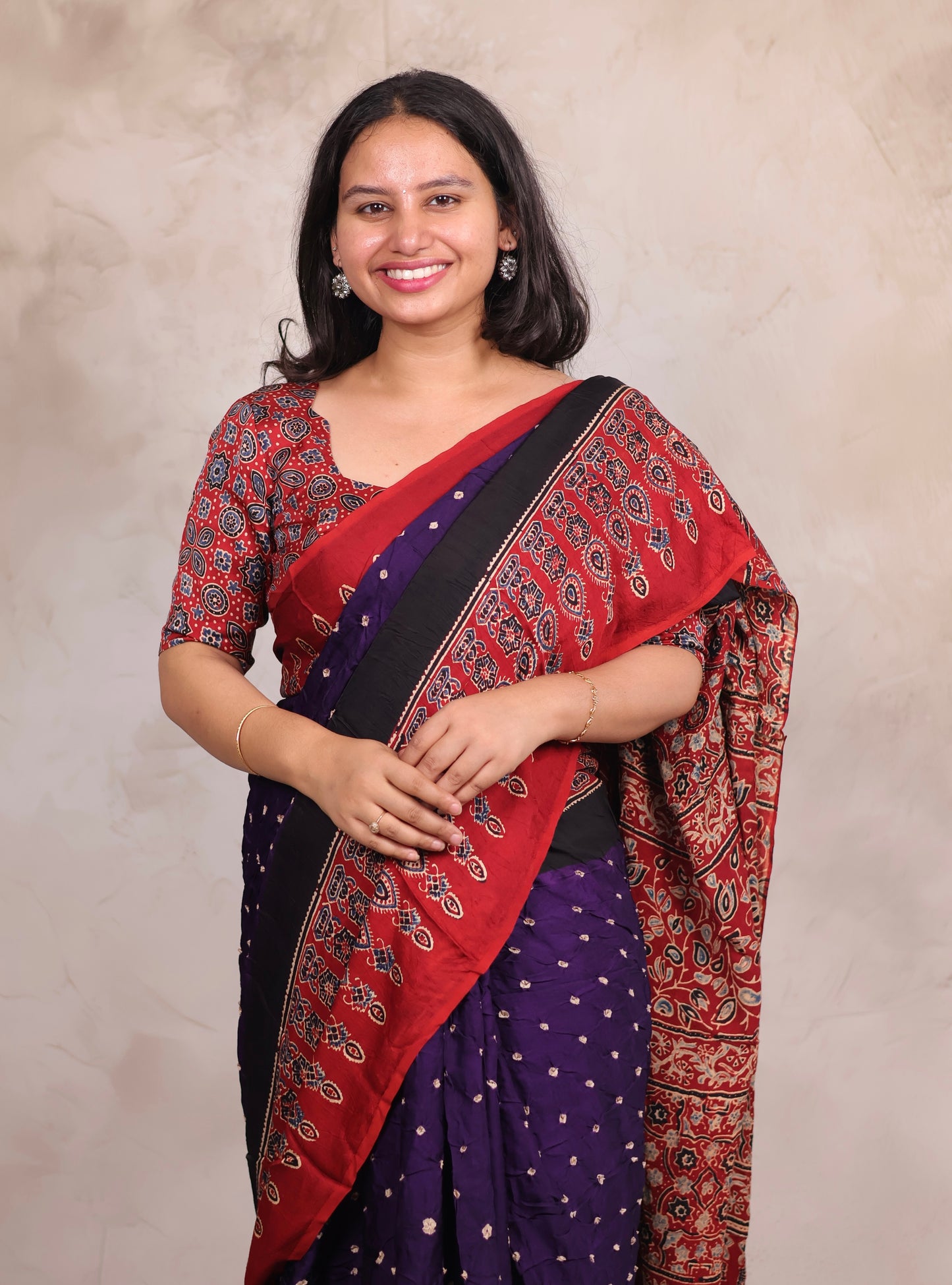 Purple Hand Knotted Ajrakh Bandhej Modal Silk Saree | Looms & Tassels