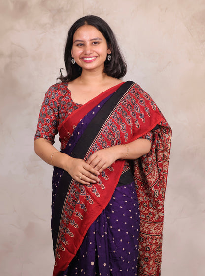 Purple Hand Knotted Ajrakh Bandhej Modal Silk Saree | Looms & Tassels
