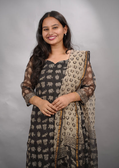 Black Handblock printed kota 3 piece suit (stitched) | Looms & Tassels