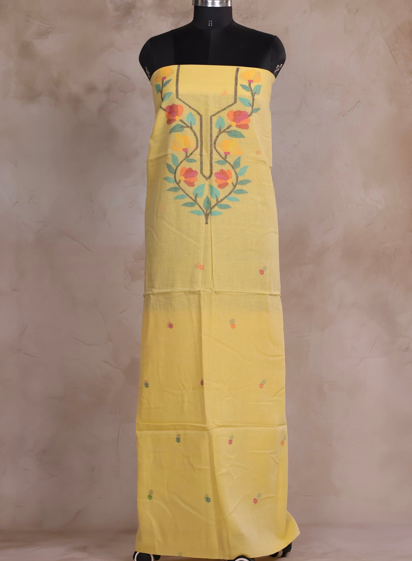Yellow Handwoven Jamdhani weaving pure Malai cotton 2 piece suit sets | Looms & Tassels