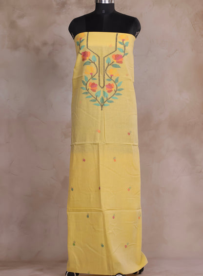 Yellow Handwoven Jamdhani weaving pure Malai cotton 2 piece suit sets | Looms & Tassels