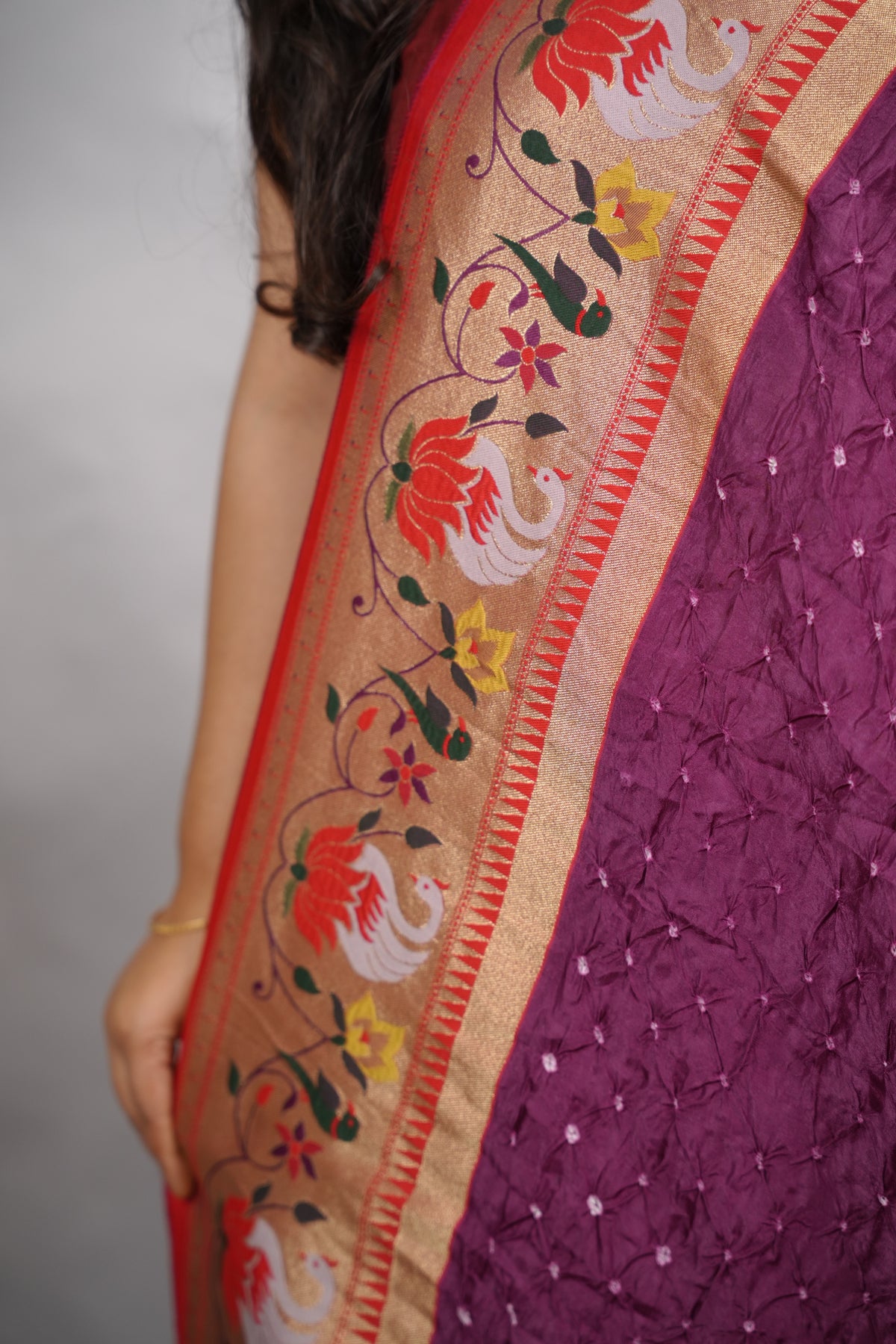Purple Handcrafted Bandhani Paithani Dola Silk Saree | Looms & Tassels