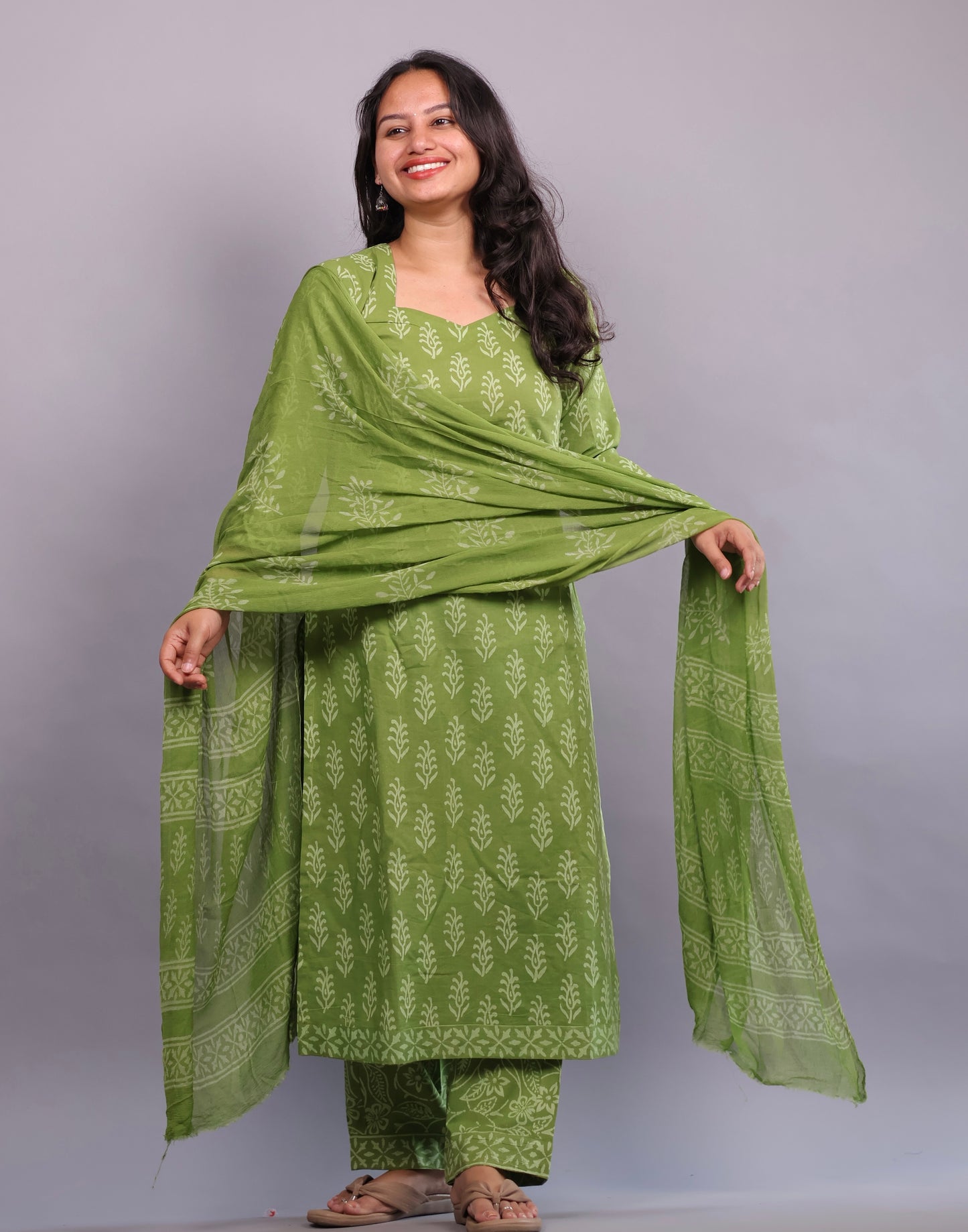 Green Handblock printed Pure Mul Cotton with Mul Cotton Duppata 3 piece suit (stitched)