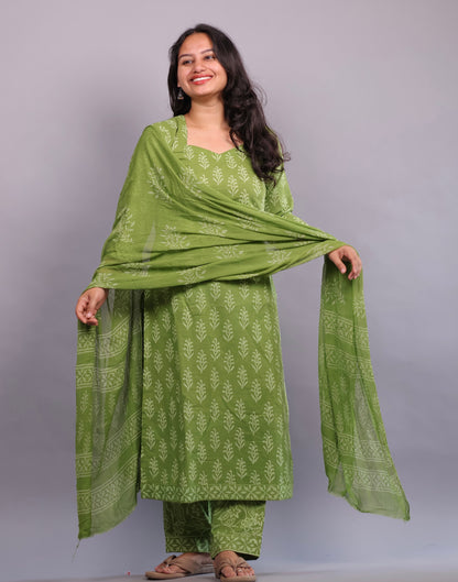 Green Handblock printed Pure Mul Cotton with Mul Cotton Duppata 3 piece suit (stitched)