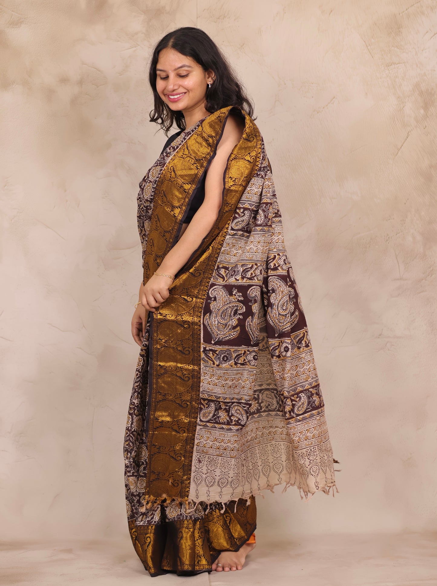 Hand Block Printed Kalamkari Kanchi Border Silk Saree
