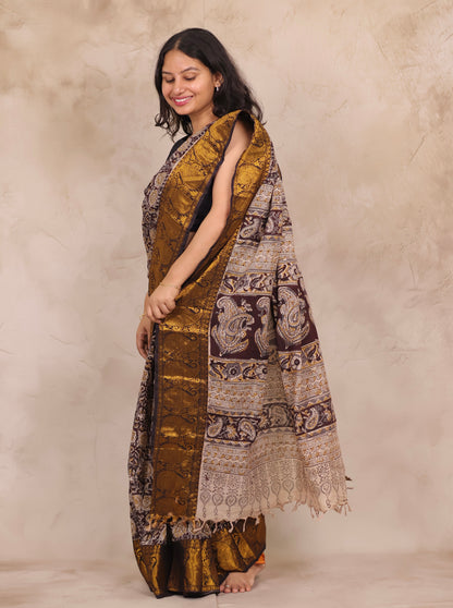 Hand Block Printed Kalamkari Kanchi Border Silk Saree