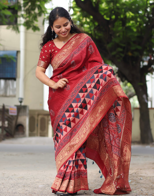 Contemporary Ajrakh Dola Silk Saree