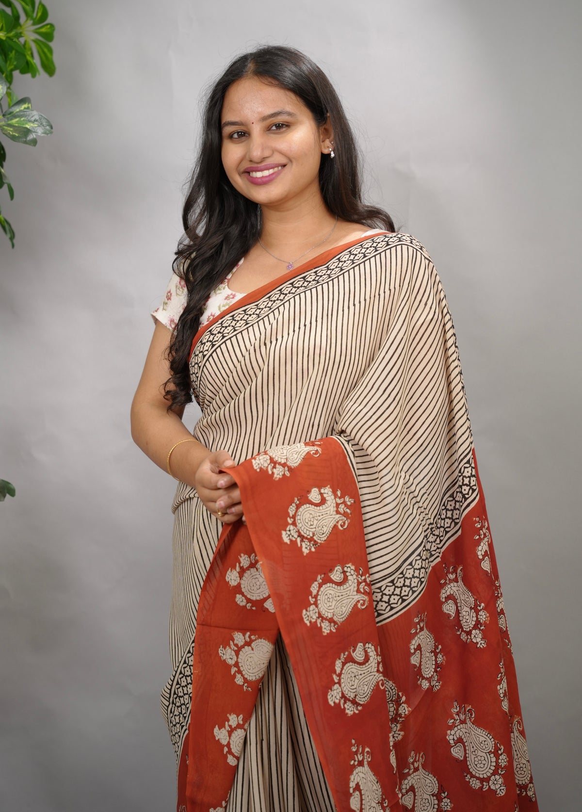 Stripes Contemporary Georgette Hand Block Printed Saree| Looms & Tassels