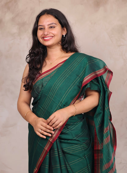 Green Narayanpet Cotton Saree lines weaving with contrast bock printed blouse | Looms & Tassels