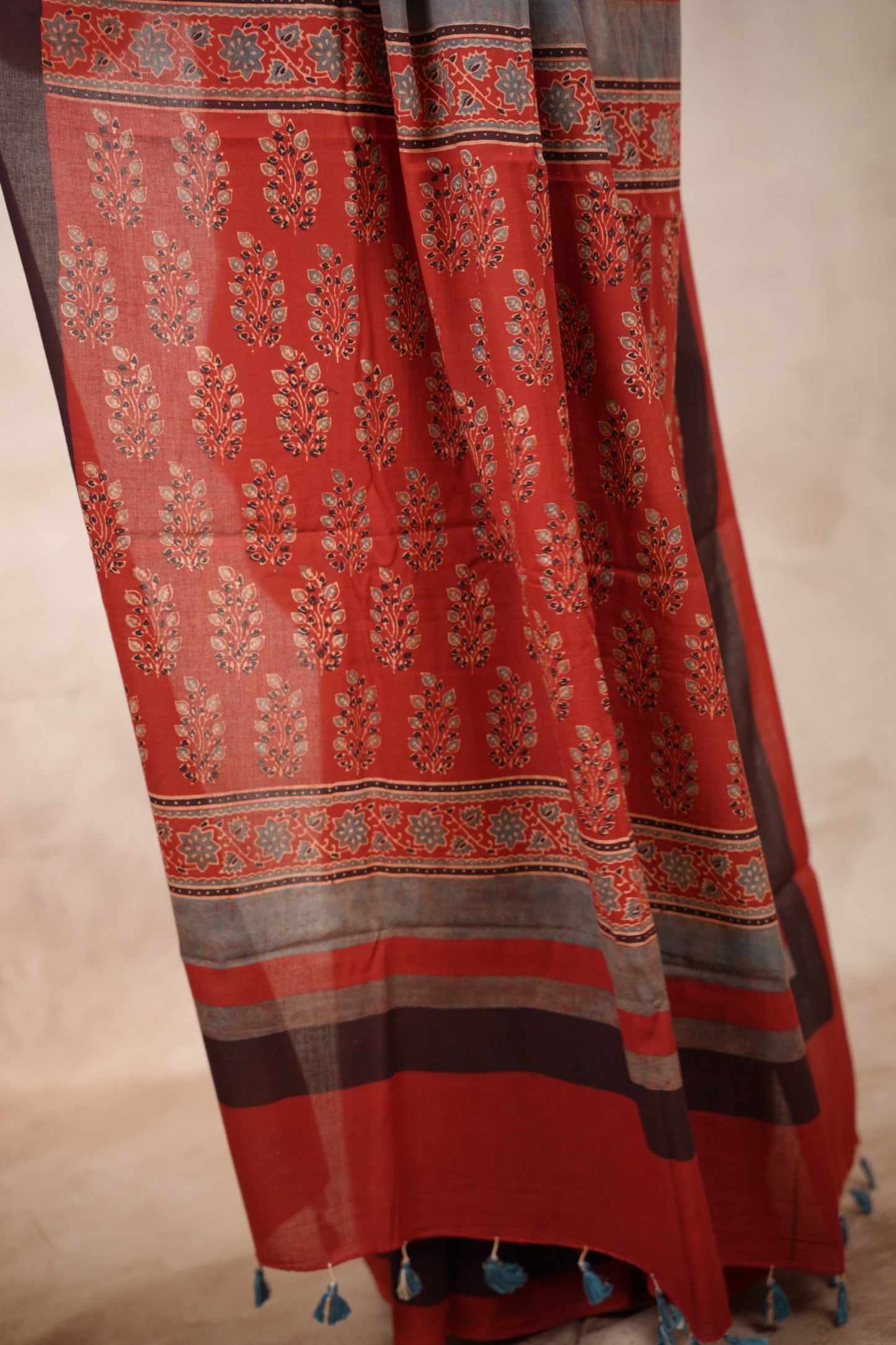 Red Ajrakh Hand Block Printed Cotton Saree | Looms & Tassels