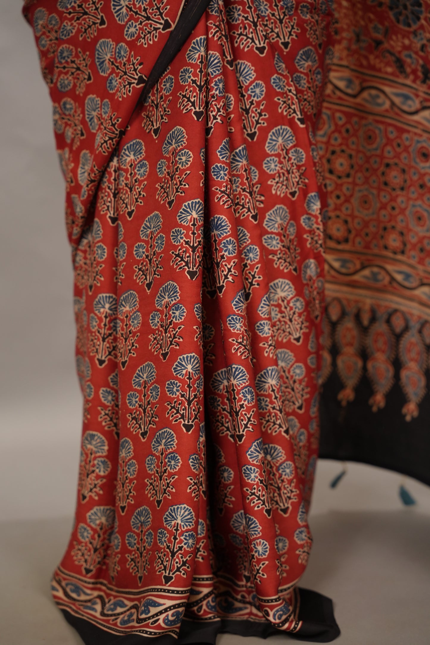 Maroon Kutchi Butta Authentic Ajrakh Handblock Printed Modal Silk Saree | Looms & Tassels