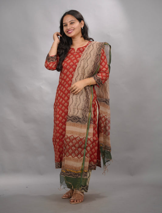 Maroon Handblock printed kota 3 piece suit (stitched)| Looms & Tassels
