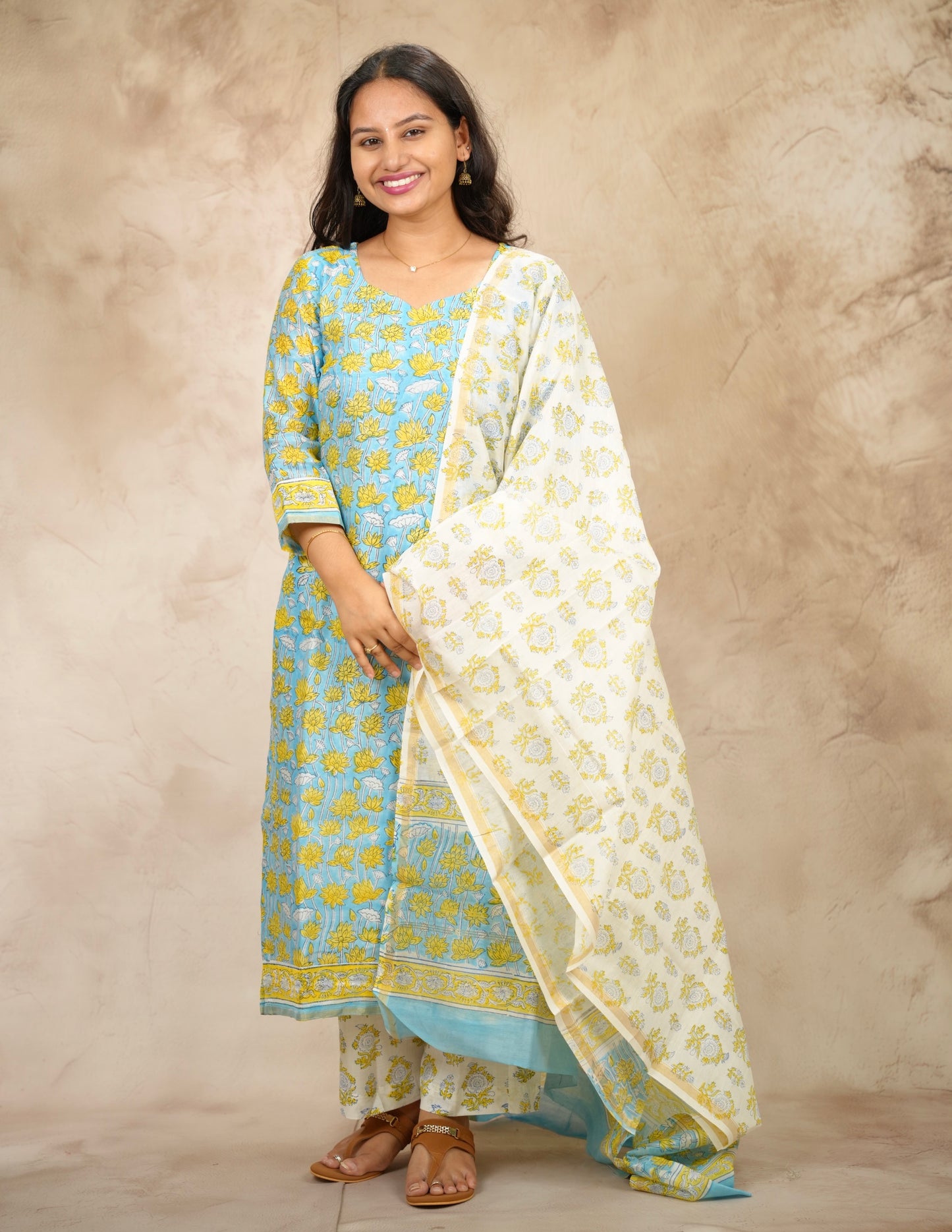 Powder Blue Handblock printed Pure Chenderi Silk 3 piece suit (stitched) |  Looms & Tassels