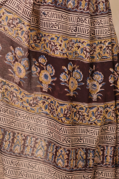 Brown Hand Block Printed Kalamkari Cotton Saree | Looms & Tassels
