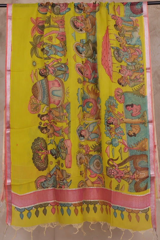 Yellow Pen Kalamkari Mangalagiri silk Dupatta