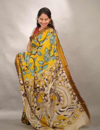 Yellow Kalamkari Nizam Border Chennur Silk Saree | Looms & Tassels