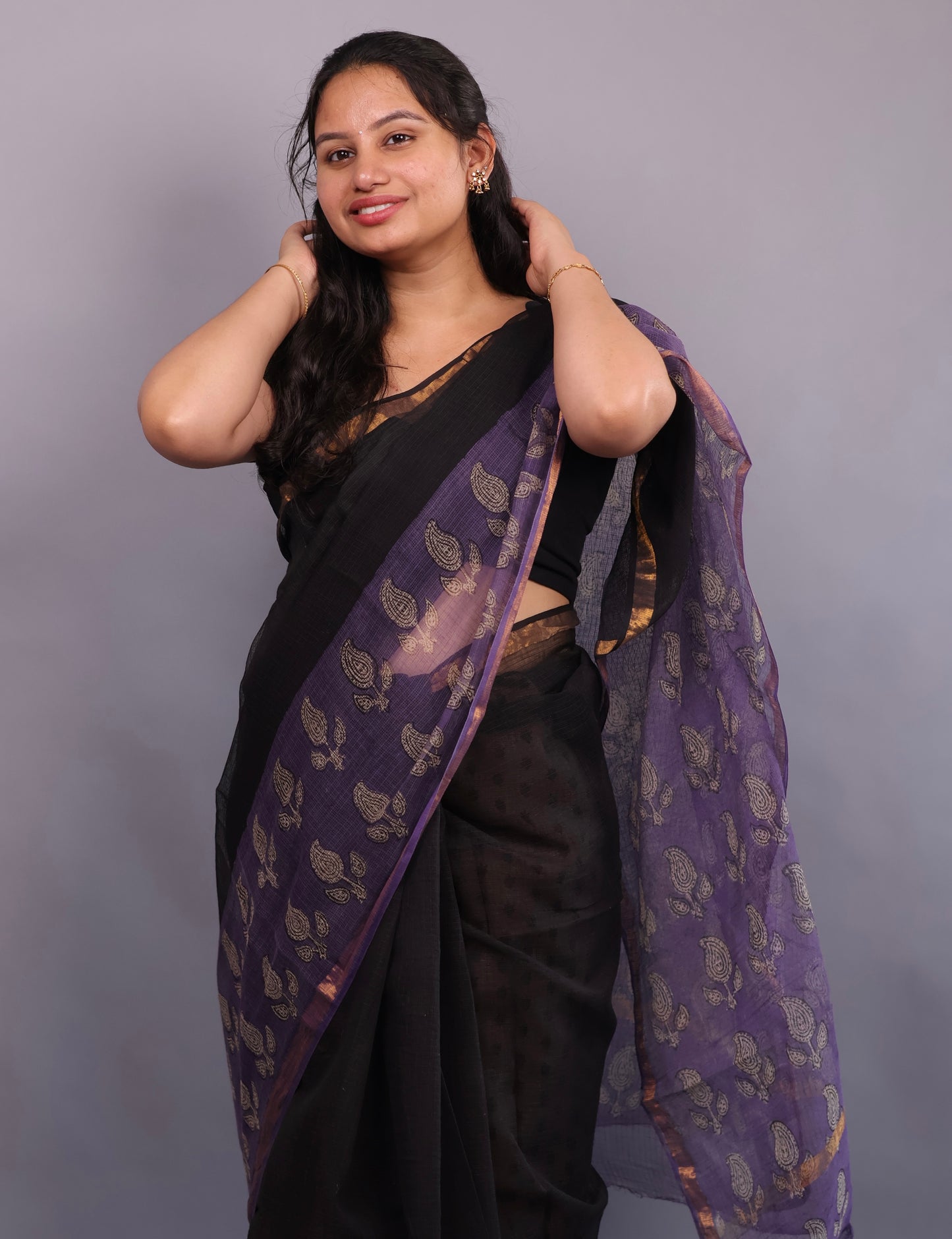 Pure Kota Doria Saree with Bagru Handblock Prints – Black | Looms&Tassels